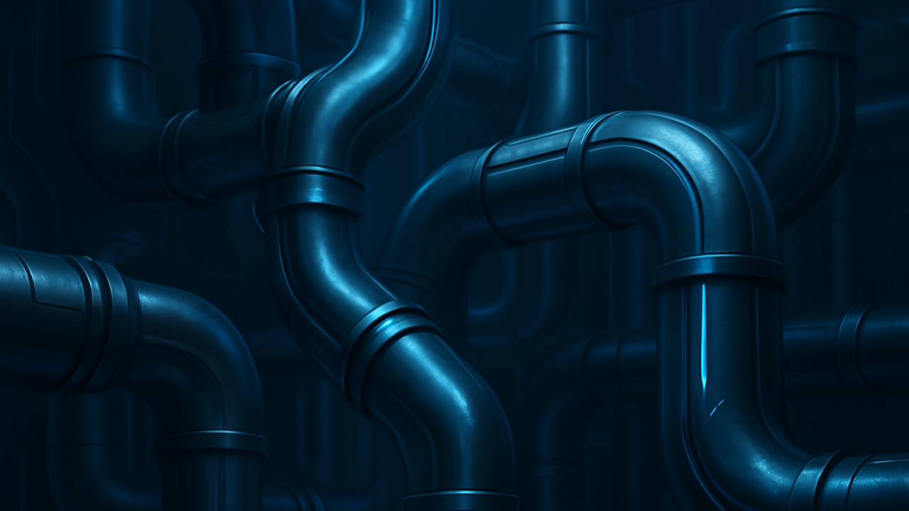 Tangle of pipes in low light conditions with cool blue tones